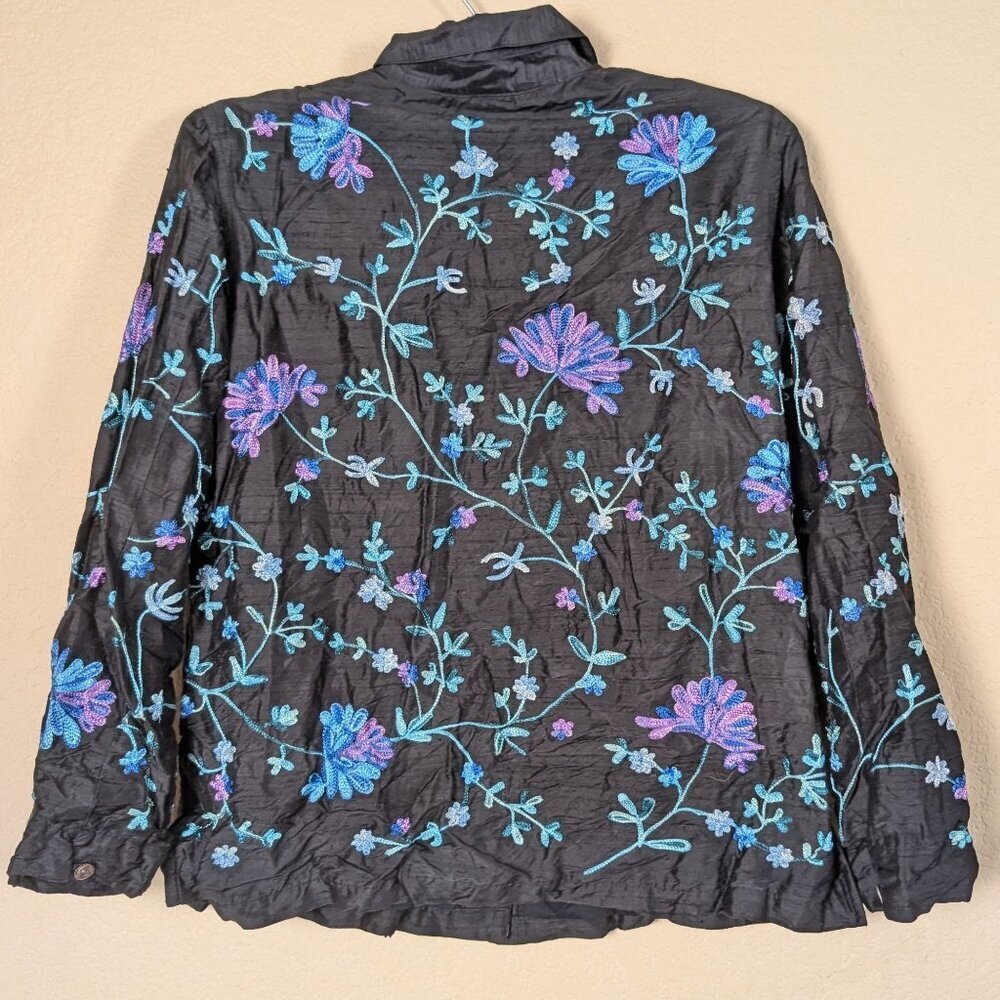 Laura Ashley Black Floral Silk Jacket Lined Embroidered Button Down sz M Cottage - Picture 5 of 8